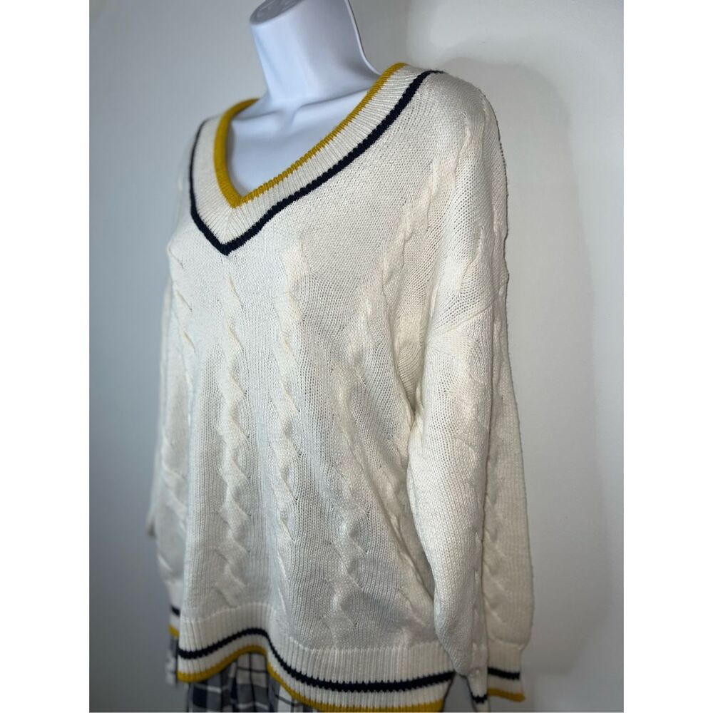 Women’s Cable Knit Twist V Neck Sweater Varsity Cream/blue/yellow M - Picture 3 of 7